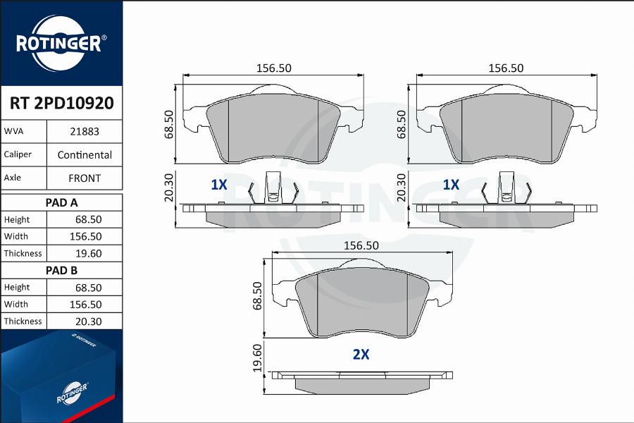 Rotinger RT 2PD10920 - Kit de plaquettes de frein, frein à disque cwaw.fr