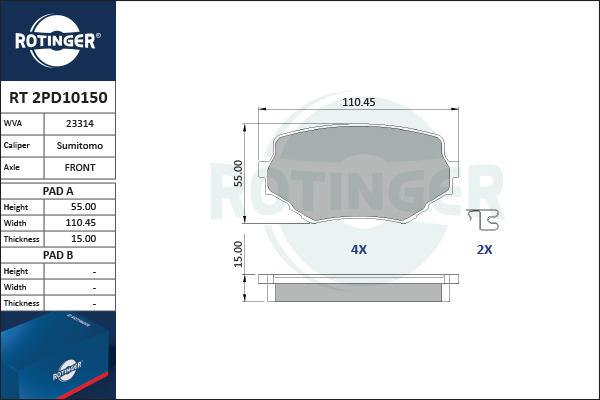 Rotinger RT 2PD10150 - Kit de plaquettes de frein, frein à disque cwaw.fr