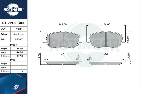 Rotinger RT 2PD11400 - Kit de plaquettes de frein, frein à disque cwaw.fr