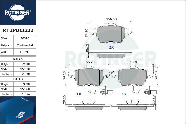 Rotinger RT 2PD11232 - Kit de plaquettes de frein, frein à disque cwaw.fr