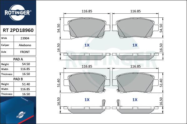 Rotinger RT 2PD18960 - Kit de plaquettes de frein, frein à disque cwaw.fr