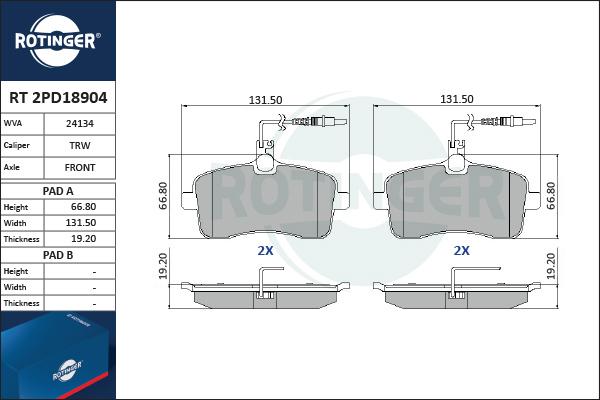 Rotinger RT 2PD18904 - Kit de plaquettes de frein, frein à disque cwaw.fr