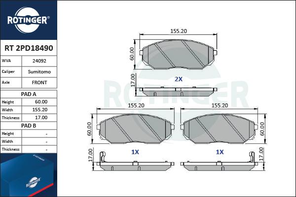 Rotinger RT 2PD18490 - Kit de plaquettes de frein, frein à disque cwaw.fr