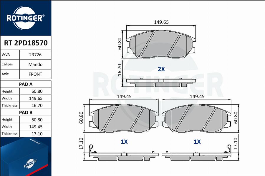 Rotinger RT 2PD18570 - Kit de plaquettes de frein, frein à disque cwaw.fr