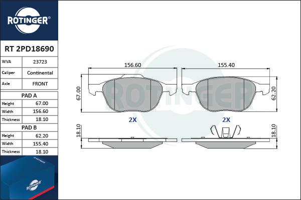 Rotinger RT 2PD18690 - Kit de plaquettes de frein, frein à disque cwaw.fr