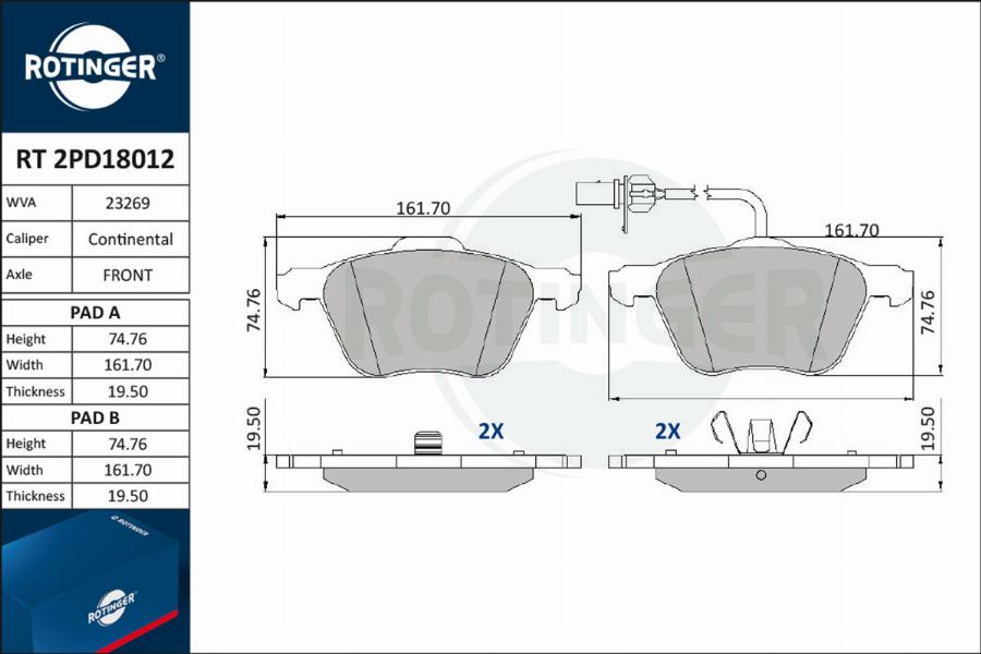 Rotinger RT 2PD18012 - Kit de plaquettes de frein, frein à disque cwaw.fr