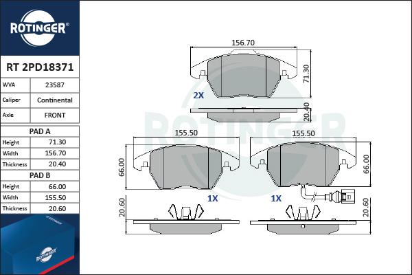 Rotinger RT 2PD18371 - Kit de plaquettes de frein, frein à disque cwaw.fr