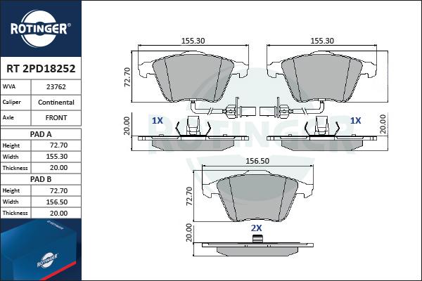 Rotinger RT 2PD18252 - Kit de plaquettes de frein, frein à disque cwaw.fr