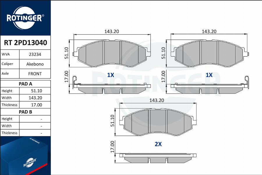 Rotinger RT 2PD13040 - Kit de plaquettes de frein, frein à disque cwaw.fr