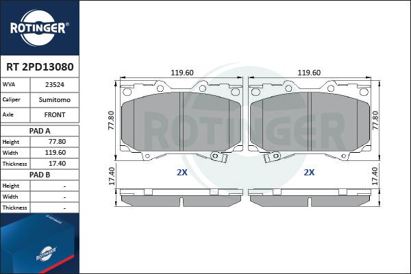 Rotinger RT 2PD13080 - Kit de plaquettes de frein, frein à disque cwaw.fr