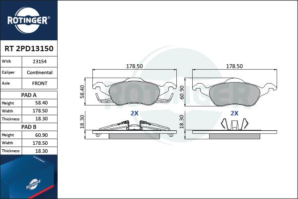 Rotinger RT 2PD13150 - Kit de plaquettes de frein, frein à disque cwaw.fr