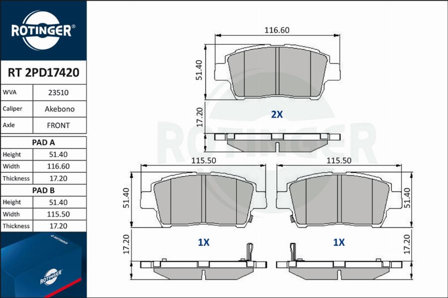 Rotinger RT 2PD17420 - Kit de plaquettes de frein, frein à disque cwaw.fr