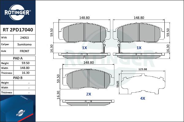 Rotinger RT 2PD17040 - Kit de plaquettes de frein, frein à disque cwaw.fr