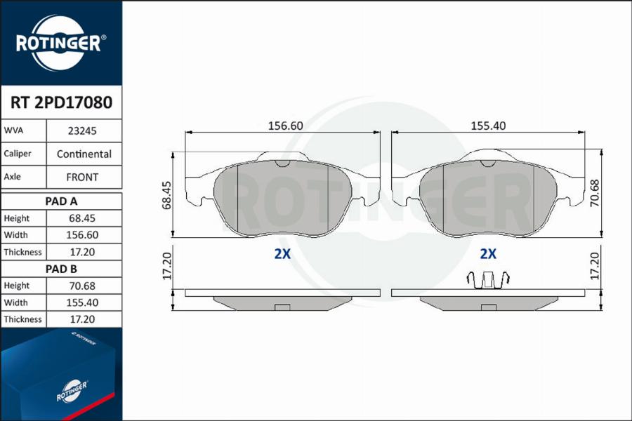 Rotinger RT 2PD17080 - Kit de plaquettes de frein, frein à disque cwaw.fr