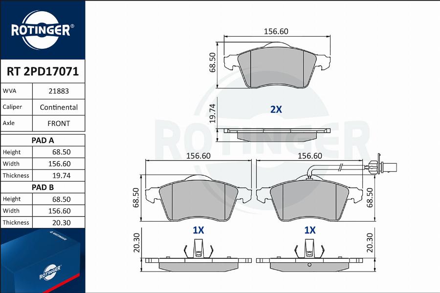 Rotinger RT 2PD17071 - Kit de plaquettes de frein, frein à disque cwaw.fr