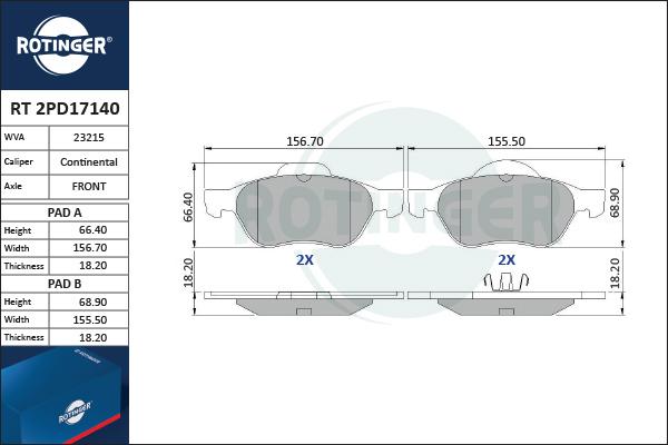 Rotinger RT 2PD17140 - Kit de plaquettes de frein, frein à disque cwaw.fr