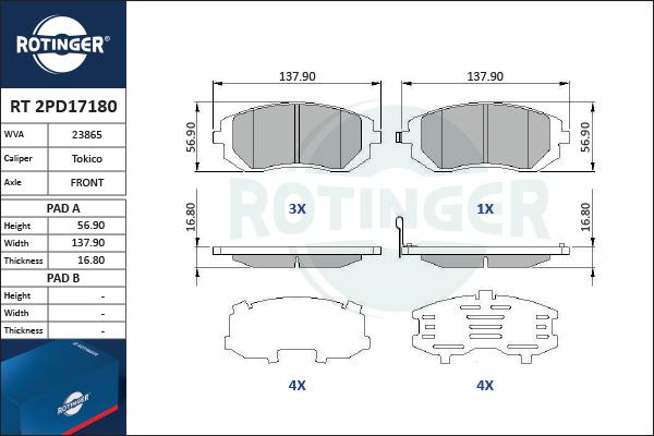 Rotinger RT 2PD17180 - Kit de plaquettes de frein, frein à disque cwaw.fr