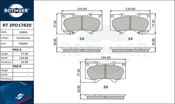 Rotinger RT 2PD17820 - Kit de plaquettes de frein, frein à disque cwaw.fr