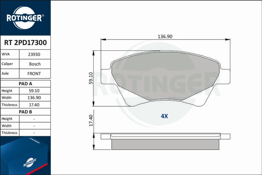 Rotinger RT 2PD17300 - Kit de plaquettes de frein, frein à disque cwaw.fr