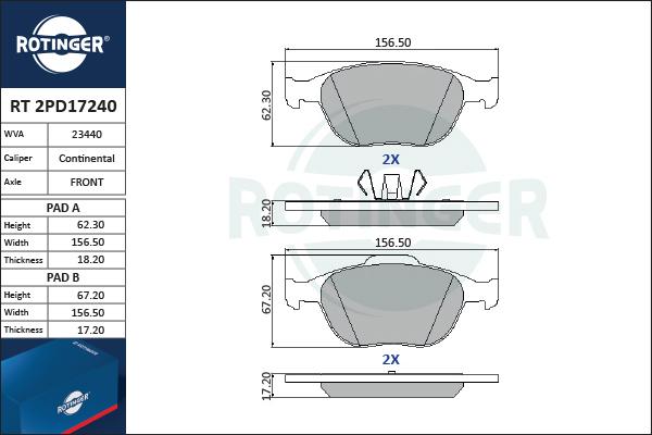 Rotinger RT 2PD17240 - Kit de plaquettes de frein, frein à disque cwaw.fr