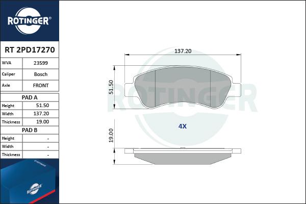 Rotinger RT 2PD17270 - Kit de plaquettes de frein, frein à disque cwaw.fr