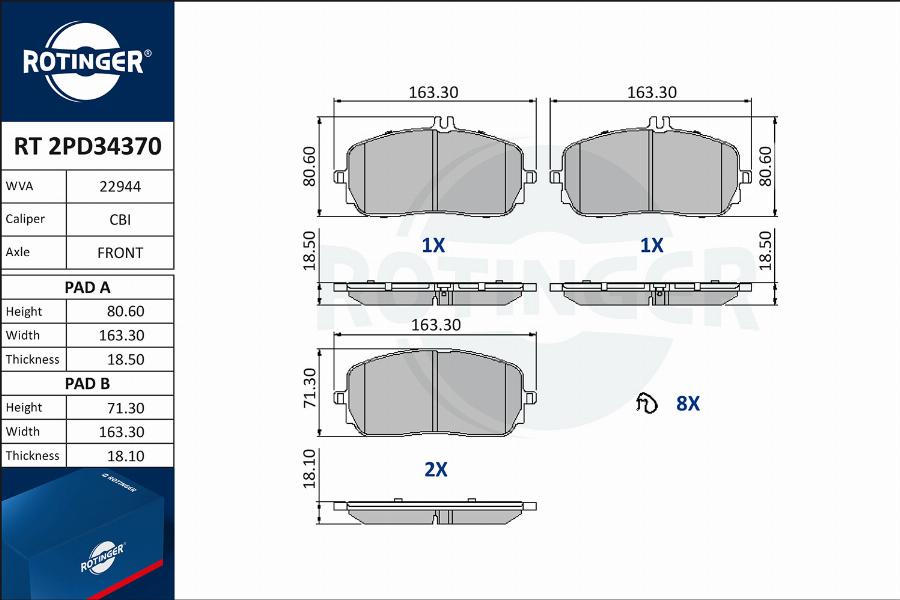 Rotinger RT 2PD34370 - Kit de plaquettes de frein, frein à disque cwaw.fr