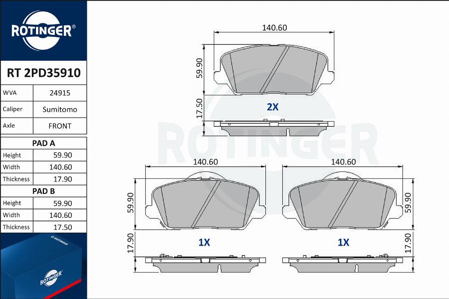 Rotinger RT 2PD35910 - Kit de plaquettes de frein, frein à disque cwaw.fr