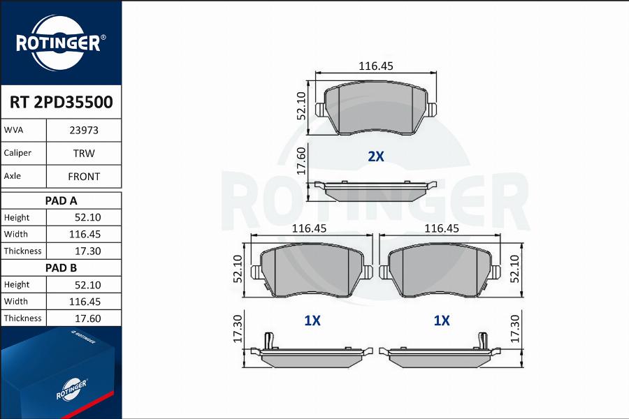 Rotinger RT 2PD35500 - Kit de plaquettes de frein, frein à disque cwaw.fr