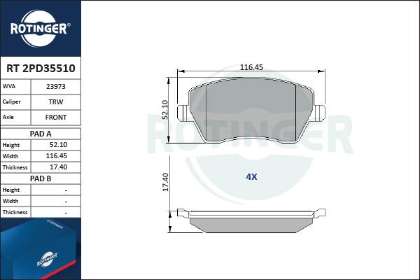 Rotinger RT 2PD35510 - Kit de plaquettes de frein, frein à disque cwaw.fr