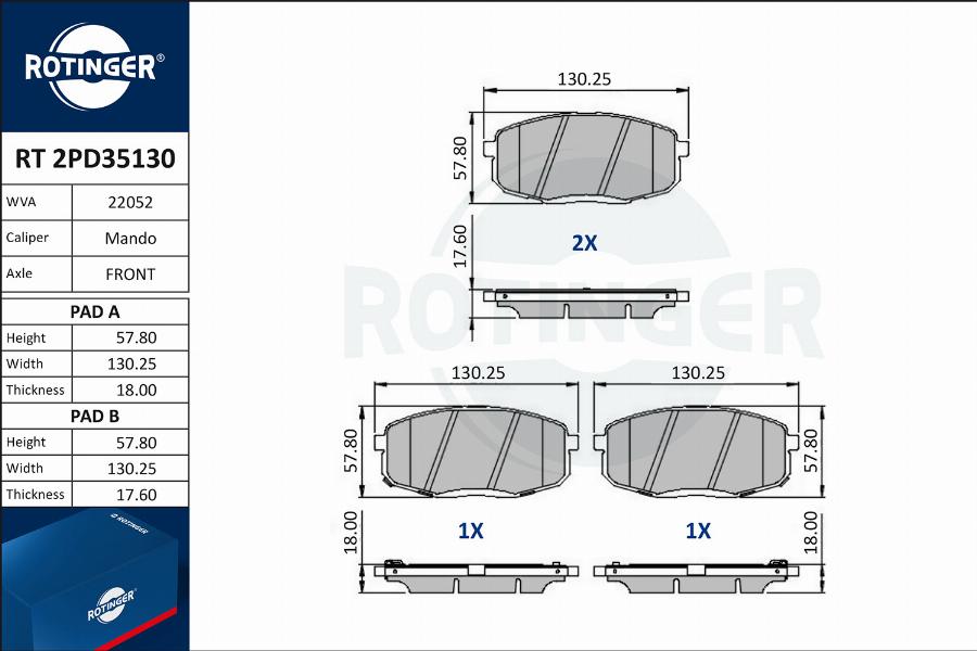 Rotinger RT 2PD35130 - Kit de plaquettes de frein, frein à disque cwaw.fr