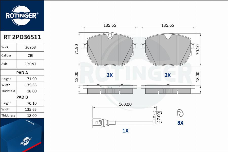 Rotinger RT 2PD36511 - Kit de plaquettes de frein, frein à disque cwaw.fr