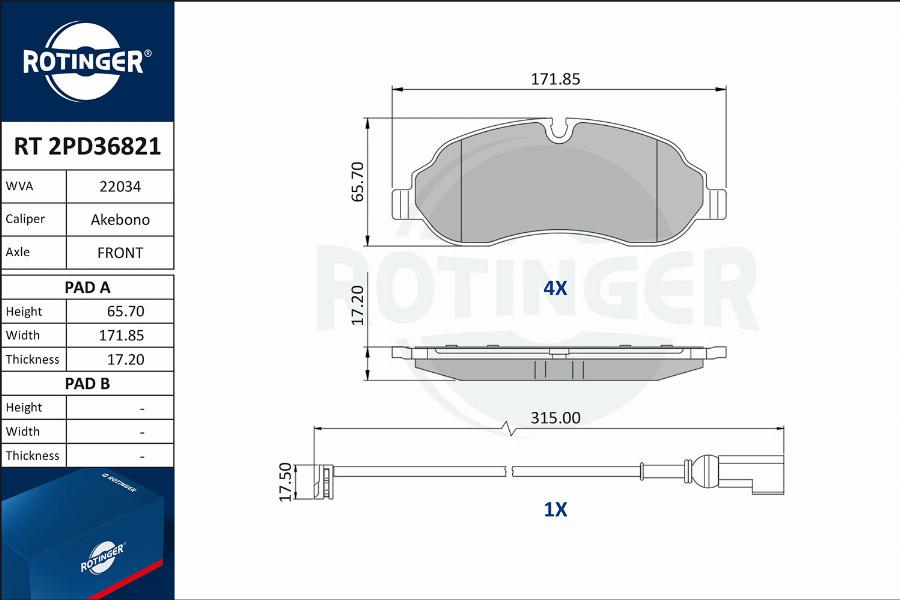 Rotinger RT 2PD36821 - Kit de plaquettes de frein, frein à disque cwaw.fr