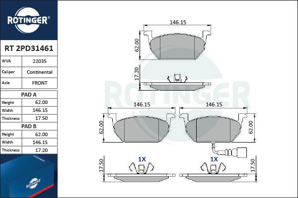 Rotinger RT 2PD31461 - Kit de plaquettes de frein, frein à disque cwaw.fr