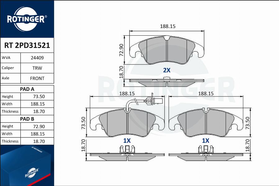 Rotinger RT 2PD31521 - Kit de plaquettes de frein, frein à disque cwaw.fr