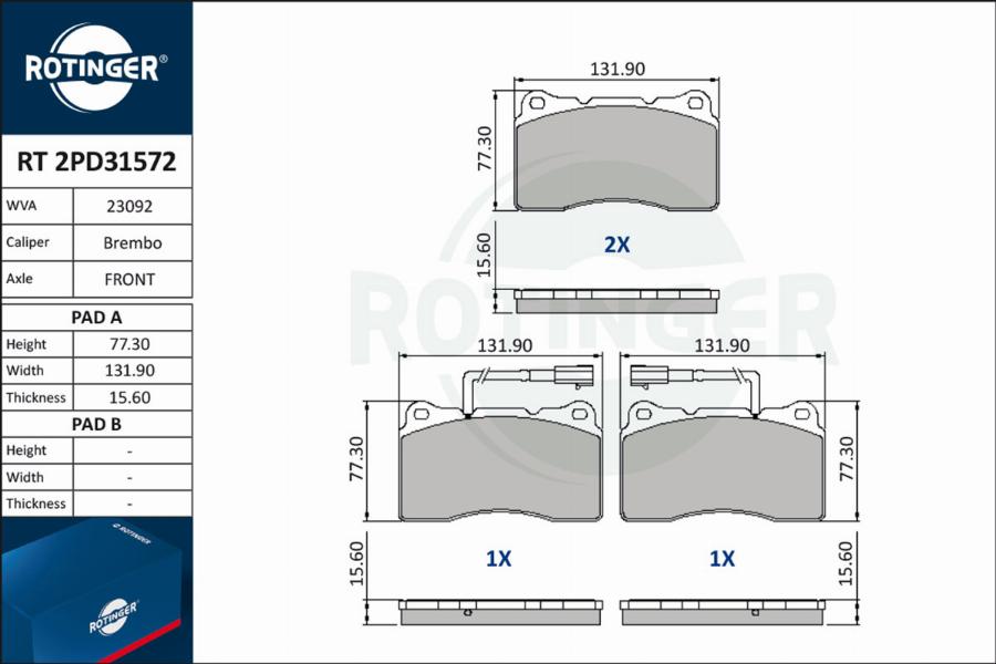 Rotinger RT 2PD31572 - Kit de plaquettes de frein, frein à disque cwaw.fr