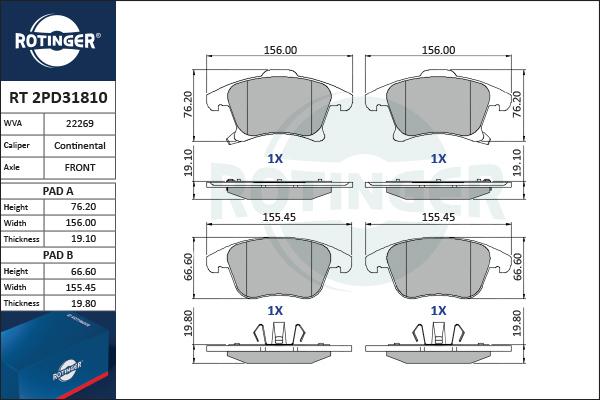 Rotinger RT 2PD31810 - Kit de plaquettes de frein, frein à disque cwaw.fr