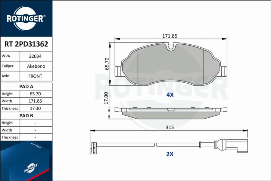 Rotinger RT 2PD31362 - Kit de plaquettes de frein, frein à disque cwaw.fr