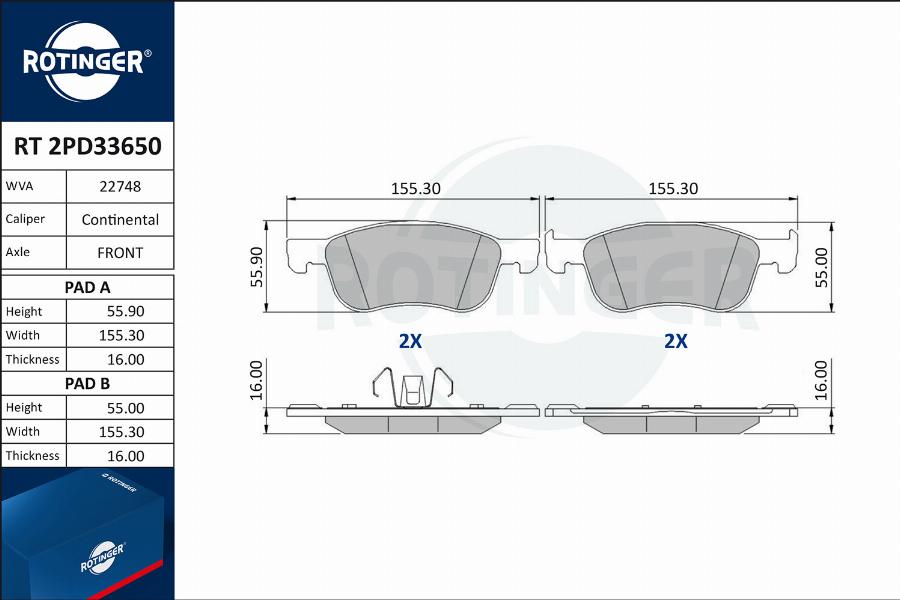 Rotinger RT 2PD33650 - Kit de plaquettes de frein, frein à disque cwaw.fr