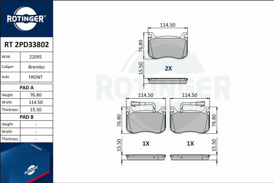 Rotinger RT 2PD33802 - Kit de plaquettes de frein, frein à disque cwaw.fr