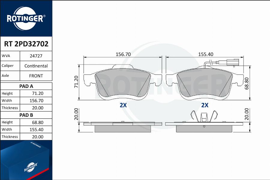 Rotinger RT 2PD32702 - Kit de plaquettes de frein, frein à disque cwaw.fr