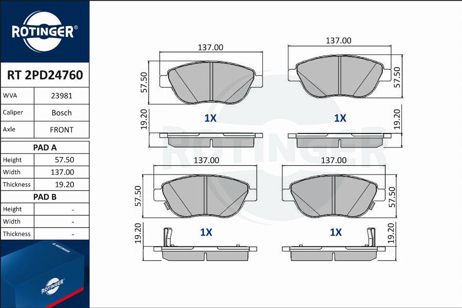 Rotinger RT 2PD24760 - Kit de plaquettes de frein, frein à disque cwaw.fr