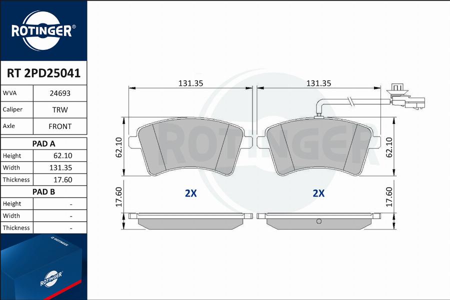 Rotinger RT 2PD25041 - Kit de plaquettes de frein, frein à disque cwaw.fr