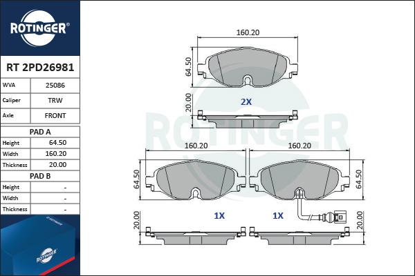 Rotinger RT 2PD26981 - Kit de plaquettes de frein, frein à disque cwaw.fr