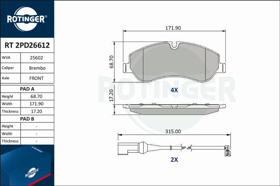 Rotinger RT 2PD26612 - Kit de plaquettes de frein, frein à disque cwaw.fr