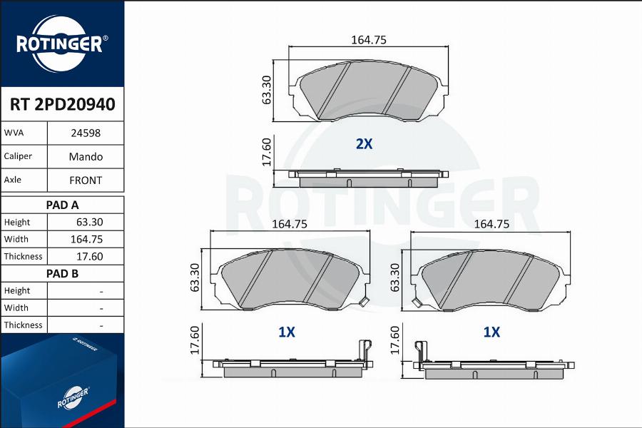 Rotinger RT 2PD20940 - Kit de plaquettes de frein, frein à disque cwaw.fr