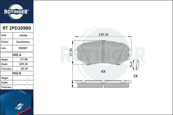 Rotinger RT 2PD20980 - Kit de plaquettes de frein, frein à disque cwaw.fr