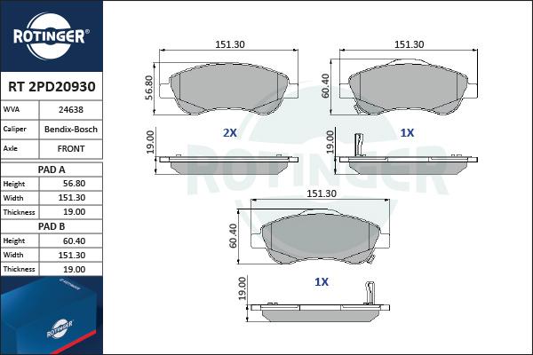 Rotinger RT 2PD20930 - Kit de plaquettes de frein, frein à disque cwaw.fr