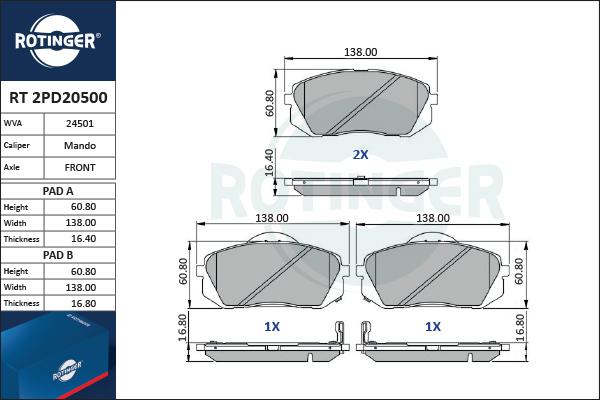 Rotinger RT 2PD20500 - Kit de plaquettes de frein, frein à disque cwaw.fr