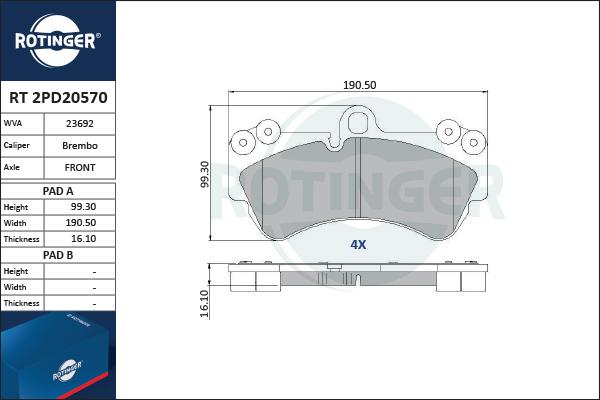 Rotinger RT 2PD20570 - Kit de plaquettes de frein, frein à disque cwaw.fr