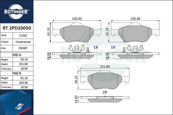 Rotinger RT 2PD20050 - Kit de plaquettes de frein, frein à disque cwaw.fr